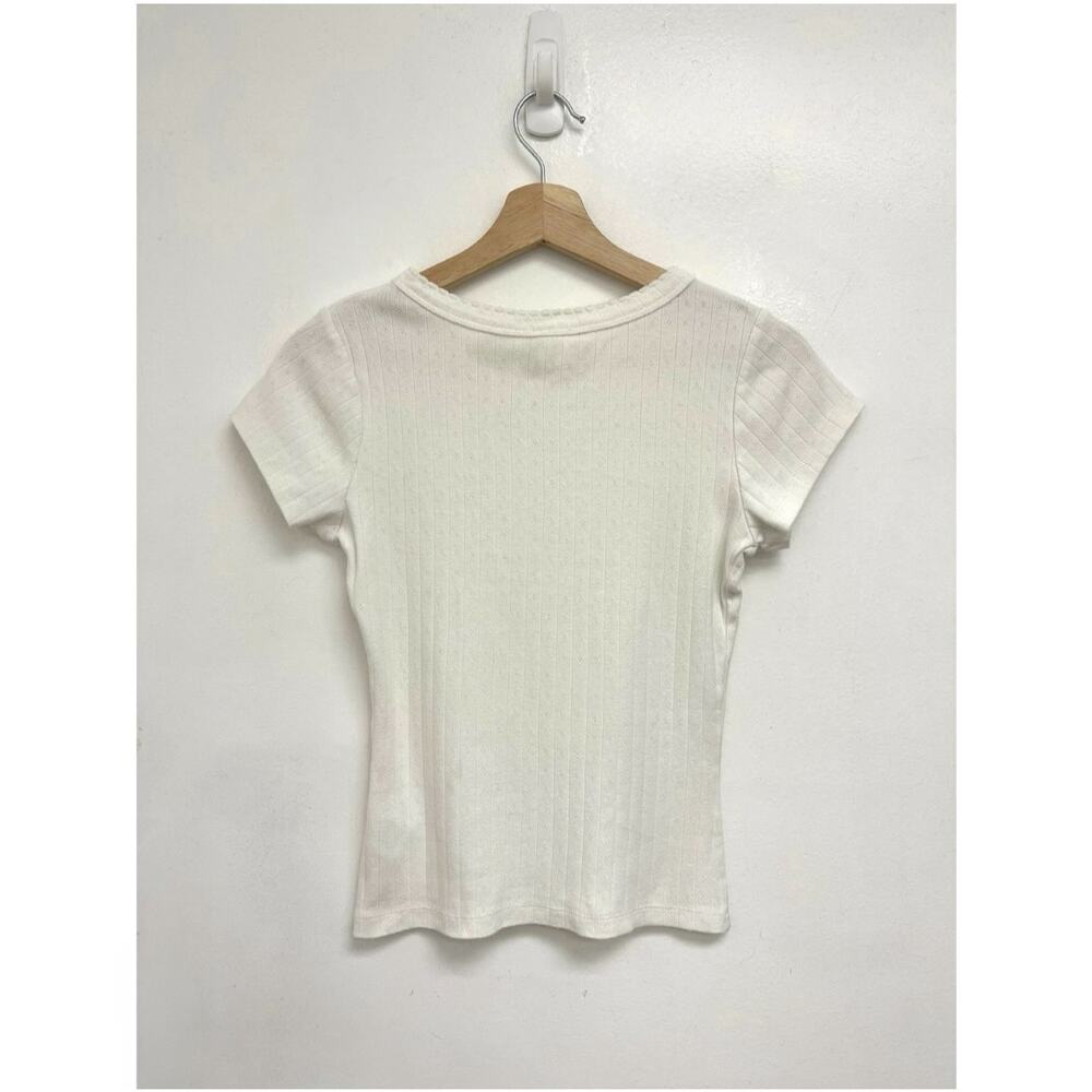 Marea by Liz Joy Pointelle Short Sleeve Slim Crewneck Feminine Romantic Tee XS - Picture 3 of 11